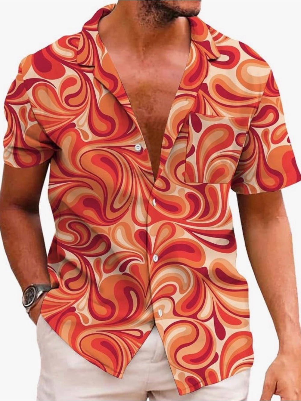KYKU Shirt Mens Large Psychedelic Hawaiian Orange Swirl Button Up Tropical Vacay